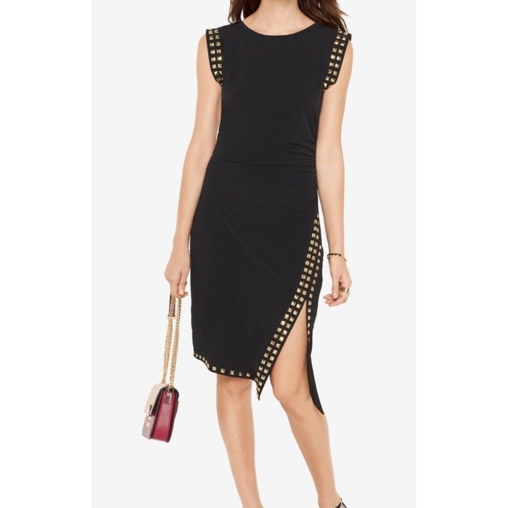 Michael Kors Black Studded Sleeveless Ruched Side Slit Sheath Dress Size M EUC